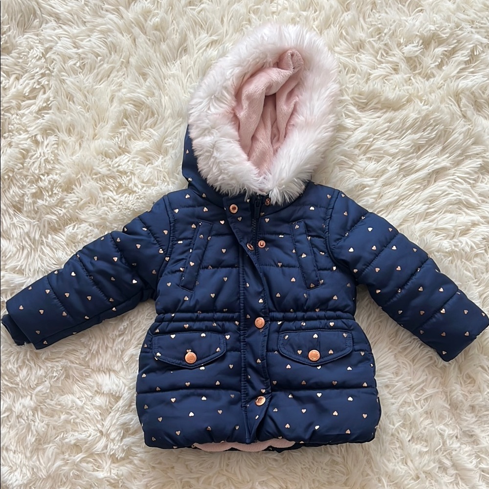 Navy Blue Hooded Baby Jacket with Pink Accents